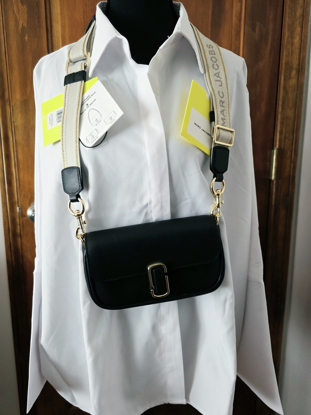 Marc Jacobs Black Leather Crossbody with Beige Logo Webbing Strap